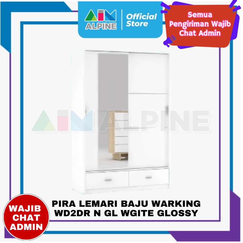 PIRA LEMARI BAJU WARKING WD2DR N GL WGITE GLOSSY (FREE ONGKIR DAN PERAKITAN KHUSUS WILAYAH KOTA MAKA