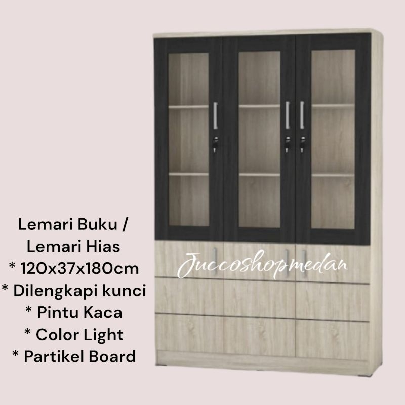 [ Jucco ] Lemari Buku 3 Pintu Kaca - Lemari Hias 3 pintu - Rak Serbaguna Murah - Medan - Rak Buku 3 