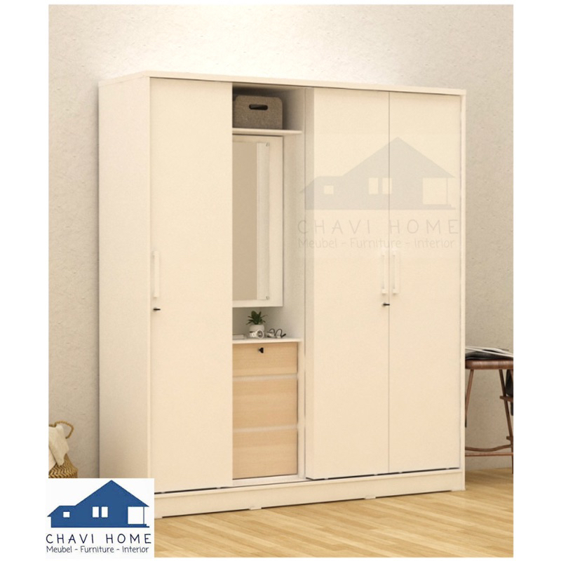 Lemari pakaian lemari baju 4 pintu dengan pintu sliding geser dan kaca meja rias serta laci luar ser