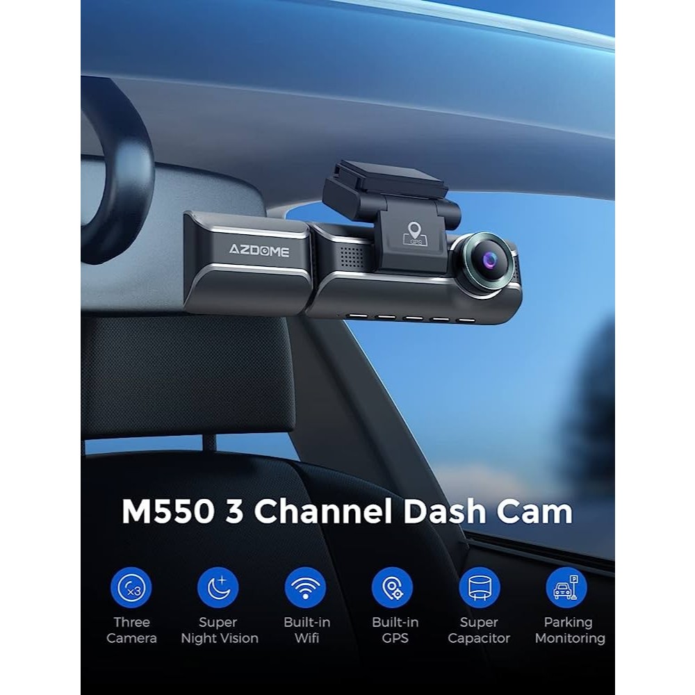 Azdome M550 Dash Cam 3 Kamera 4K, Resolusi Tinggi, Night Vision Infrared, GPS & Wi-Fi