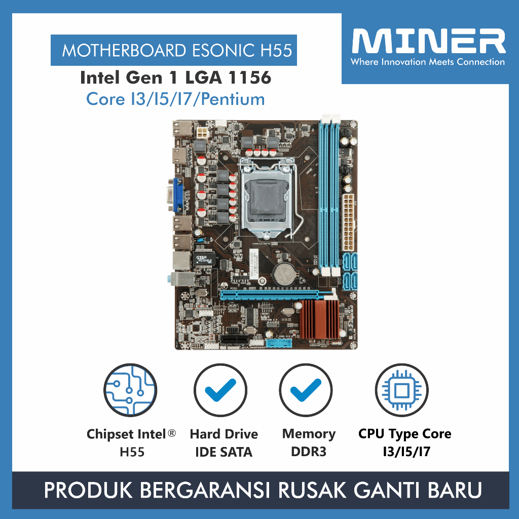 MINER Motherboard Esonic H55 Intel Gen 1 LGA 1156 Pentium I3/I5/I7