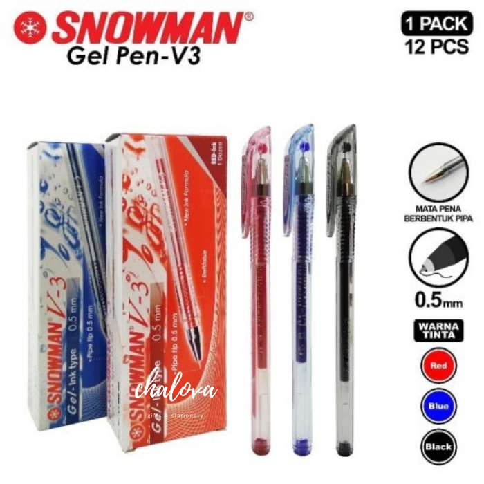 

[LUSIN] BOLPEN / PULPEN / BOLPOIN GEL SNOWMAN V3 0.5 MM TINTA HITAM DAN BIRU ISI 12