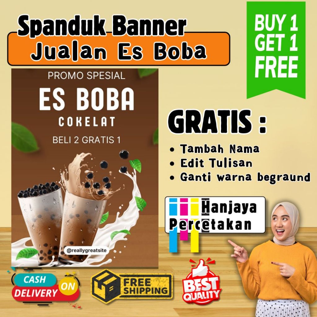 PERCETAKAN BELI 1 GRATIS 1 - SPANDUK JUALAN ES BOBA | BANNER JUALAN MINUMAN SEGAR KEKINIAN