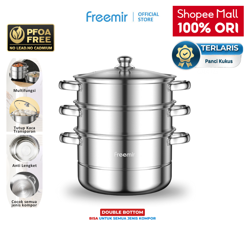 [FLASH SALE] freemir Panci Kukus 3 Susun Tutup Kaca Kukusan Stainless Steel Tebal Steamer Pot