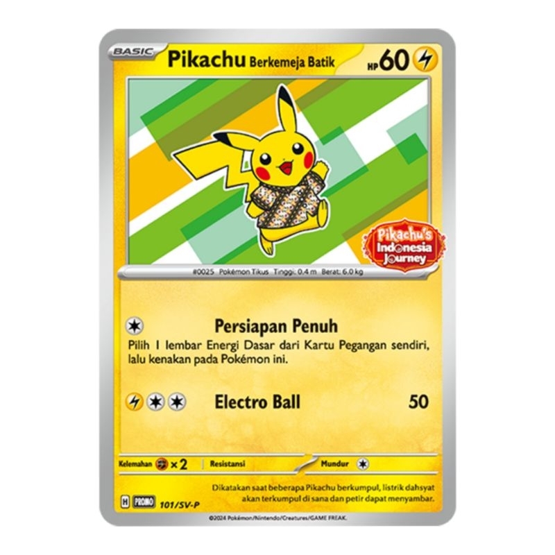PIKACHU'S INDONESIA JOURNEY Bali TCG Card Kartu Pokemon Pikachu Berkemeja Batik POKEBALL PIKACHU