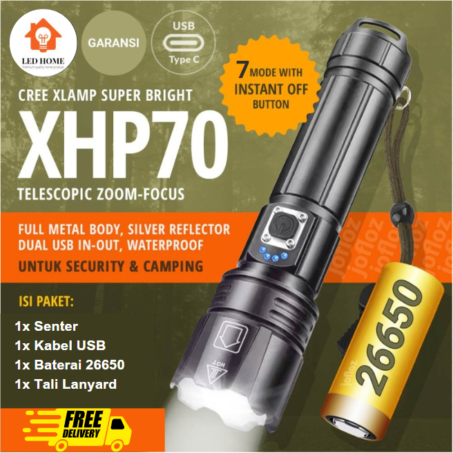 Senter XHP 70/Senter LED Isi Ulang 7 Mode/Tahan Air Zoom Teleskopik untuk Berkemah di Luar Ruangan (