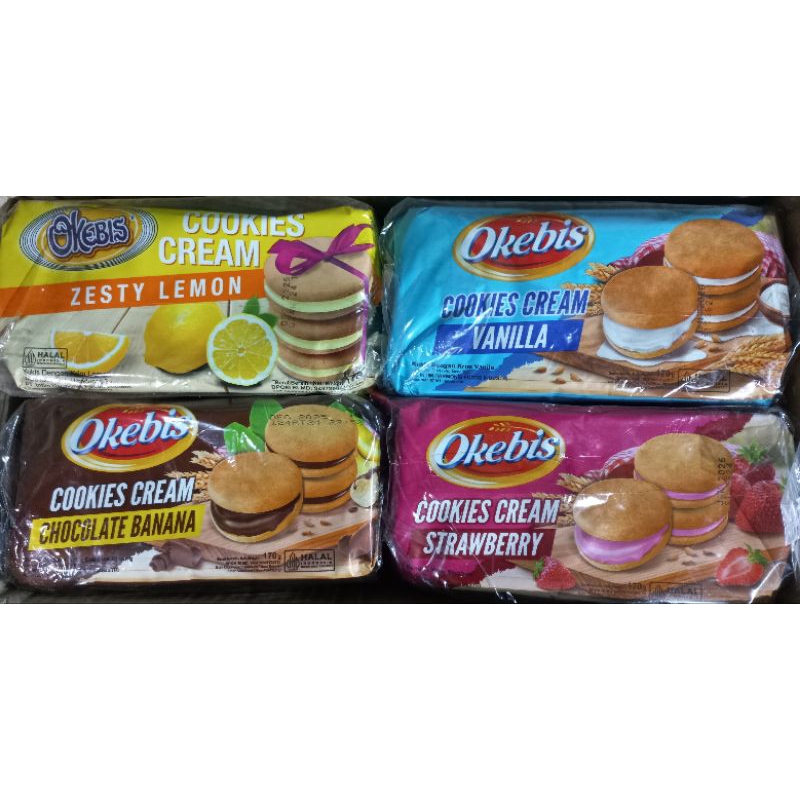 

Cookies Cream Rasa Cokelat Banan, Lemon, Stroberi, Vanila Isi @170g