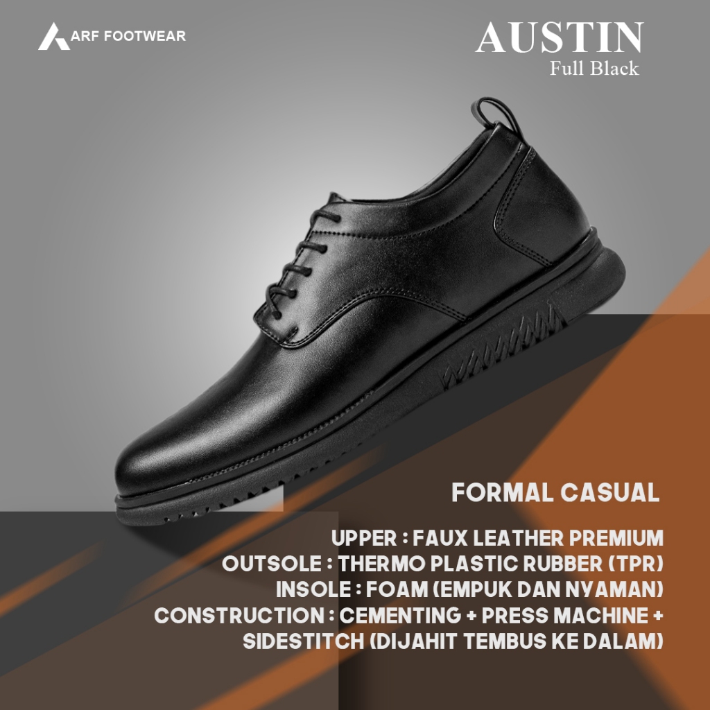 ARF Austin Black Sepatu Formal Kulit Pantofel Hitam Pria Wanita Kerja Kantor Kondangan Casual