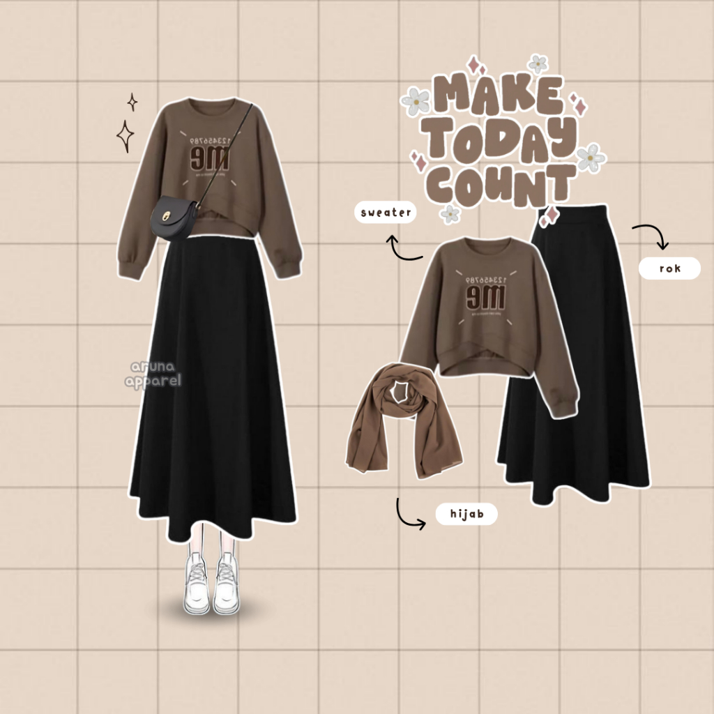 One Set Korean Wanita (Hijab, Sweater, Rok) Outfit Remaja OOTD Rok Casual Aesthetic Girl Set AA311