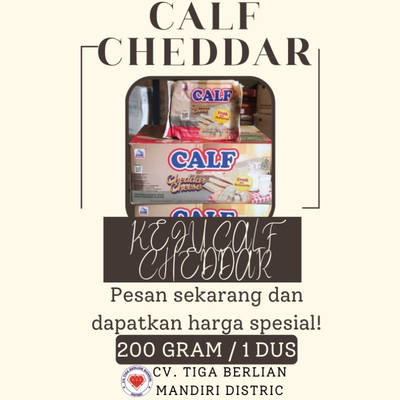 

KEJU CALF CHEDDAR SERBAGUNA 200GRAM / 8PCS / 8SLOP / 1DUS
