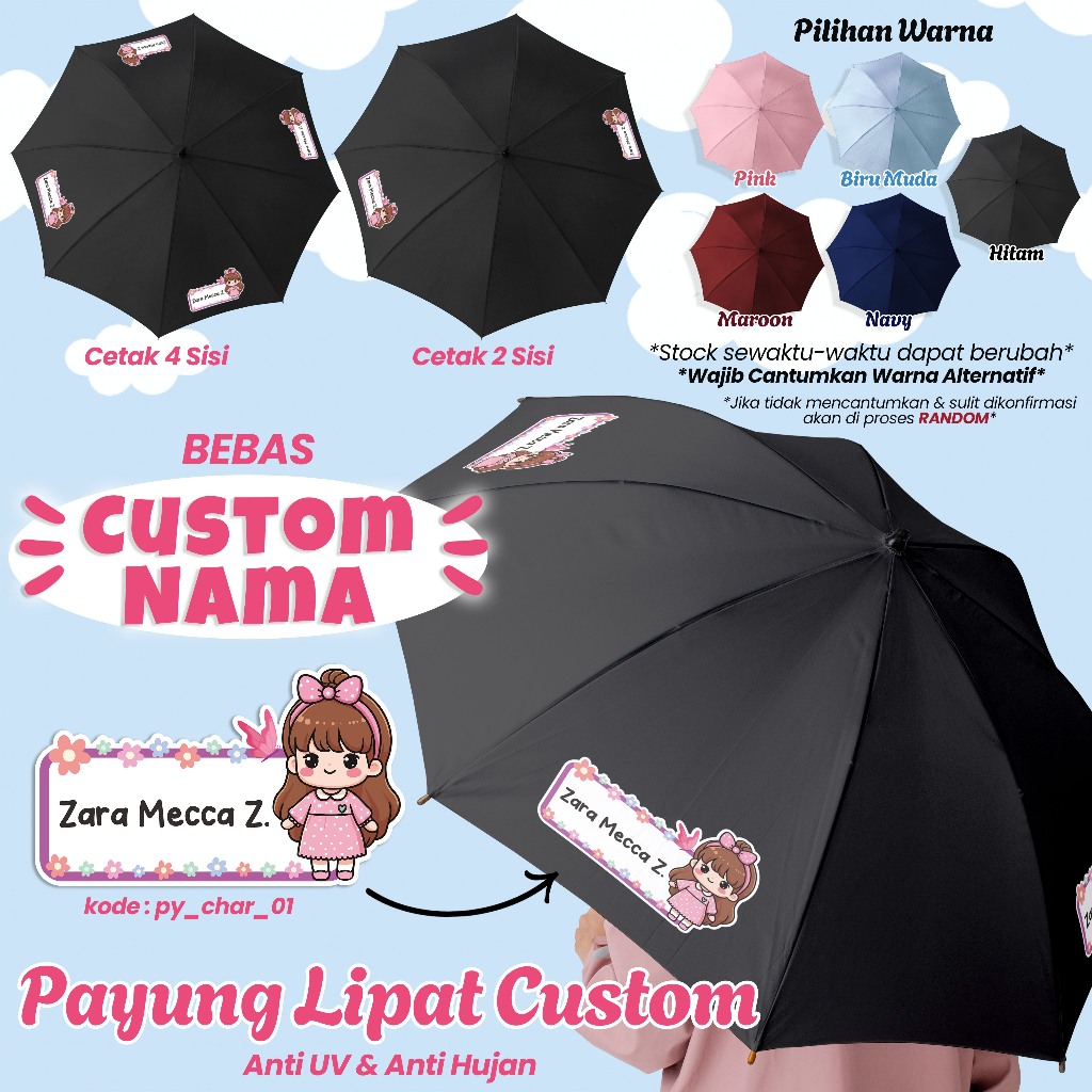 CUSTOM PAYUNG LIPAT BEBAS CUSTOM NAMA - PAYUNG CUSTOM NAMA BER KARAKTER ANTI-UV / SUPER PREVENT SUN