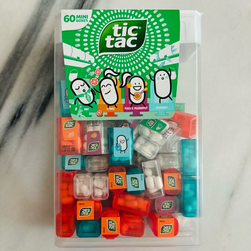 

Tictac 60 mini boxes @3.8g, mix flavours, mint, orange, peach&passionfruit, spearmint