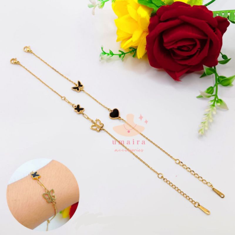 Gelang Tangan Rantai Kupu Kupu Wanita - Gelang Titanium Wanita - Gelang Tangan Cewek Titanium Asli -