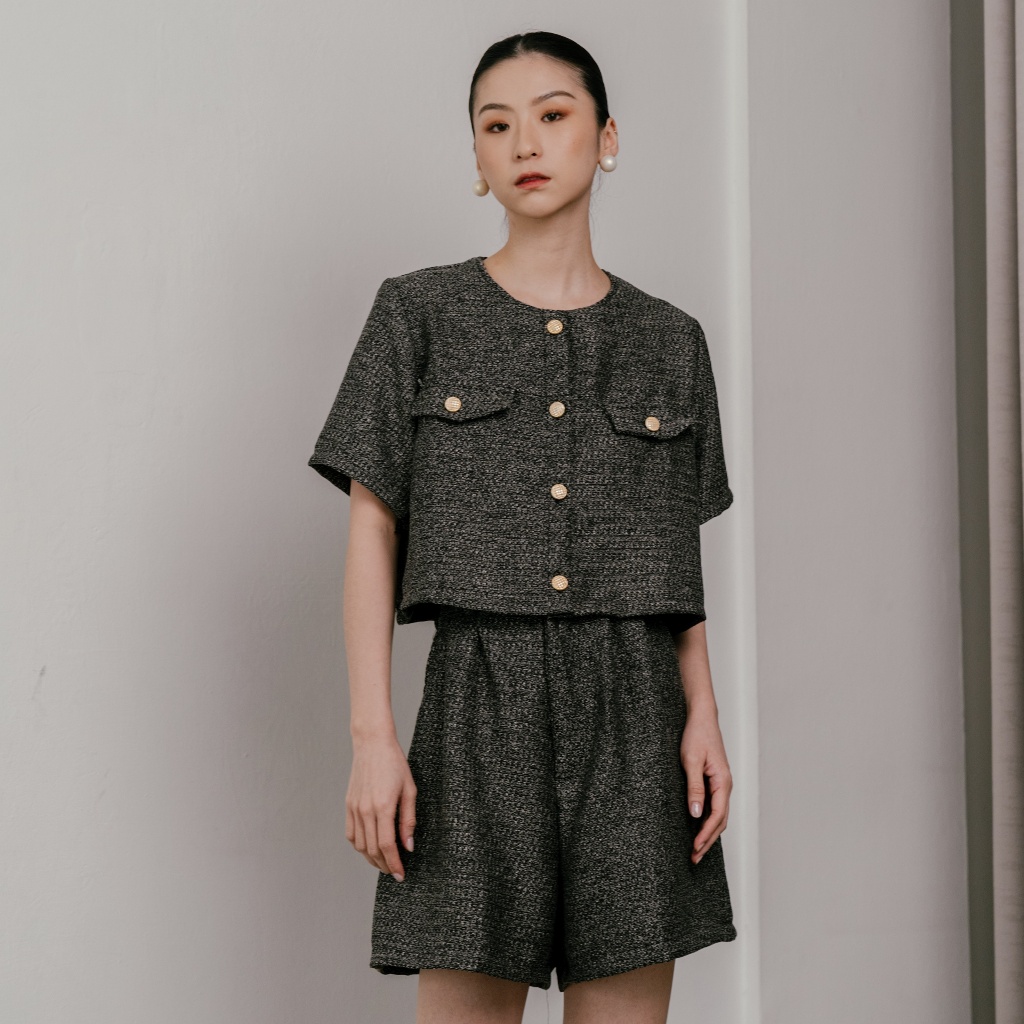 (Elleine) Mirae Set | Set Wanita Pendek Setelan Celana Pendek Short Atasan Top Wanita Tweed Korean C