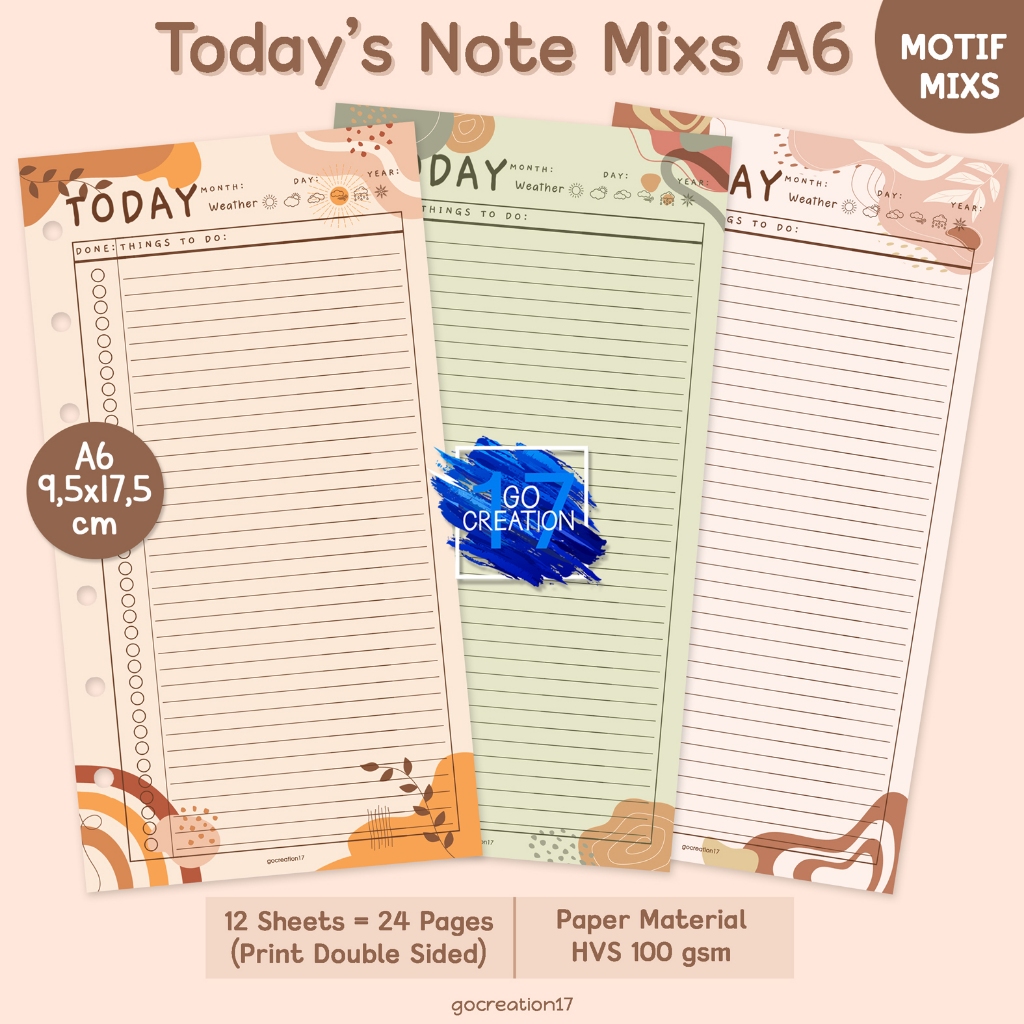 

Buku Planner Refill Kertas Binder Today's Note Motif Premium A6