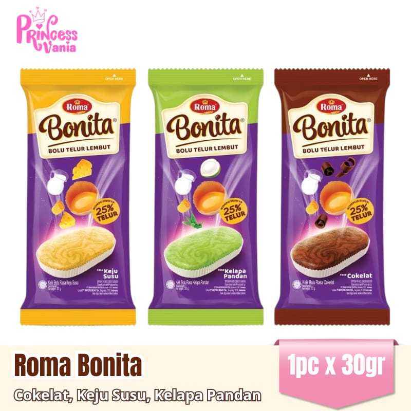 

ROMA BONITA SATUAN 30GR BOLU TELUR LEMBUT RASA COKLAT KEJU SUSU KELAPA PANDAN