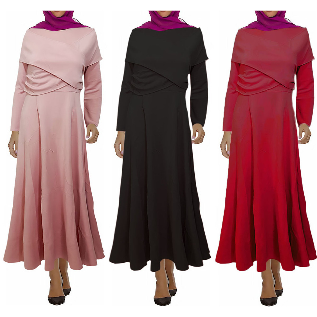 950 Gamis Wanita Bahan Scuba Tebal Lembut Stretch - Baju Gaun Muslimah Cantik Lengan Panjang Hitam M