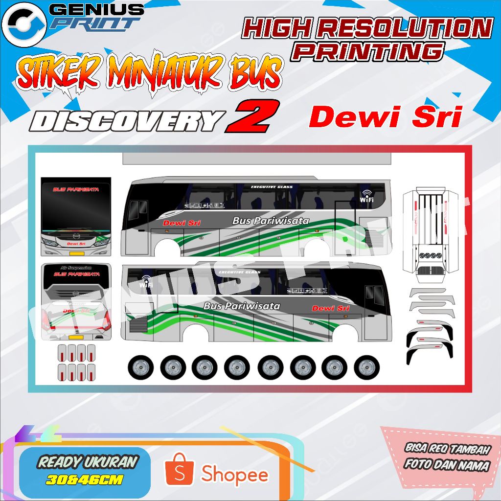 Stiker Mainan Miniatur Bus Discovery 2 Livery Dewi Sri | Sinar Jaya | Mira | Sumber Slamet | Sugeng 