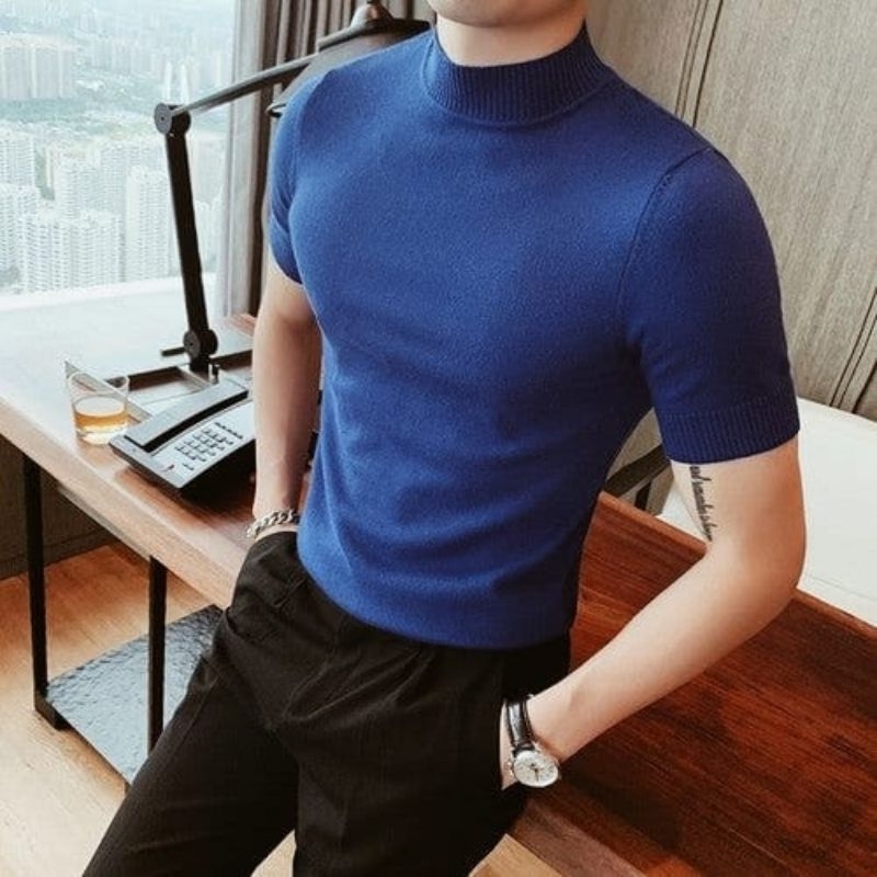 Kaos RIB premium turtleneck lengan pendek / baju kaos rib kerah tinggi pria keren
