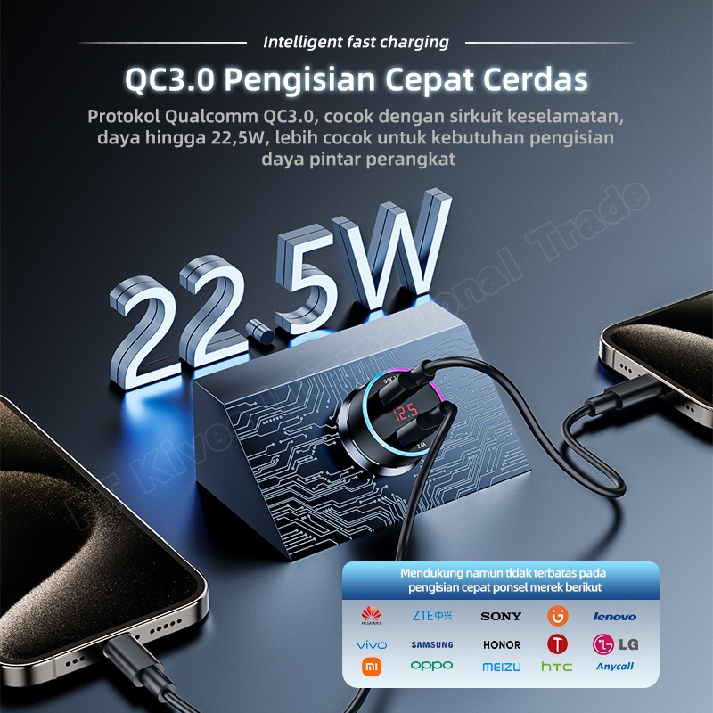 PREMIUM (Big Sale)KIVEE Car Charger Mobil 2-in-1 Fast charging 22.5W KV-UT93 Pro Black LED For