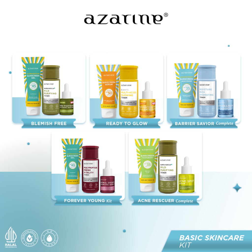 Azarine Basic Skincare Kit (Sunscreen + Toner + Serum) [3PCS] Paket TRIAL KIT KULIT KOMBINASI SENSIT