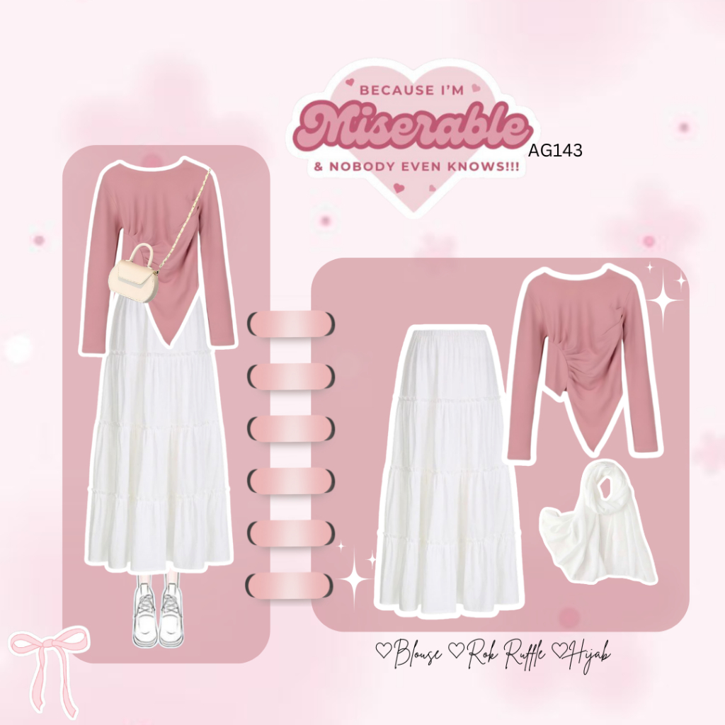 Outfit Set 3in1 OOTD Korean Style Wanita Terbaru Blouse Pink Set Rok Ruffle Putih Outfit Piknik Cant