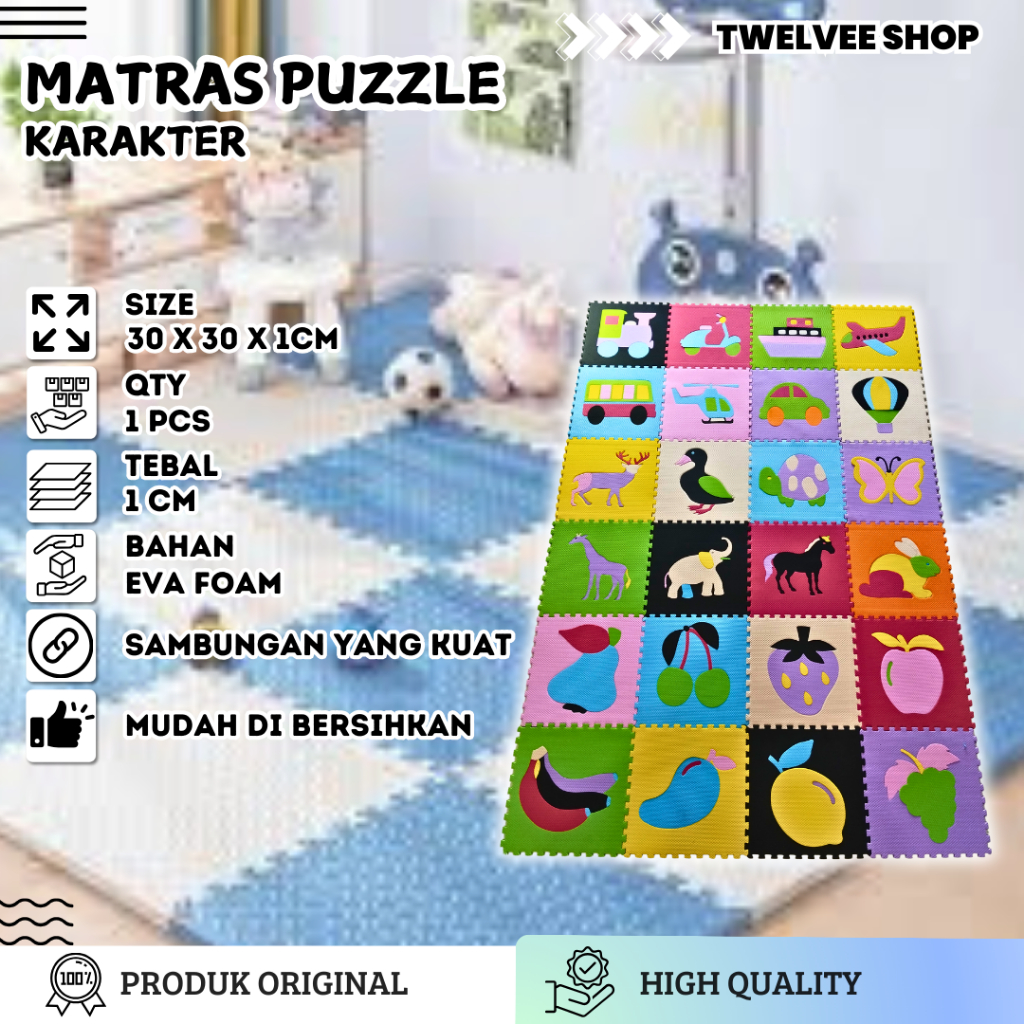 Matras Puzzle Alas lantai Bermaina Anak  Karakter Hewan Buah Tranportasi