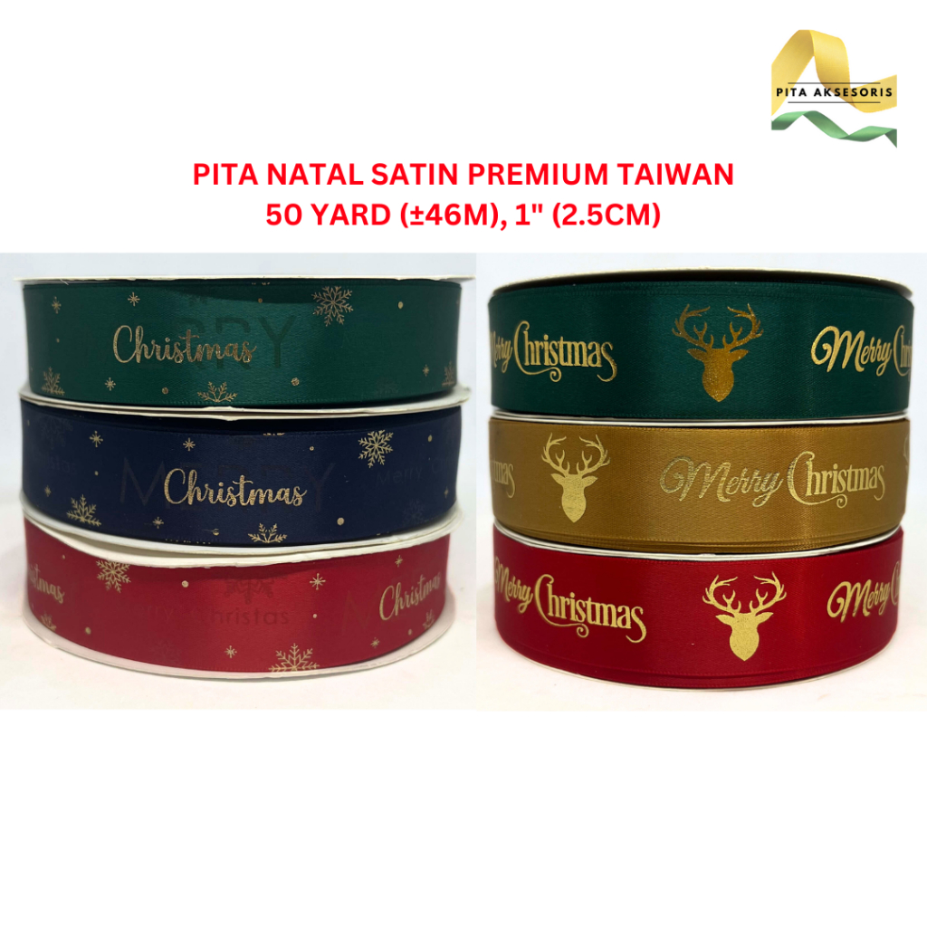 

(1 ROLL 50 YARD) Pita Natal Satin Taiwan ±2.5cm x 46m Motif Salju Snowflake Rusa Merry Christmas Ornament Pohon Natal Hiasan Xmas Hampers Kue Pita Kado Bouquet Pita Bunga