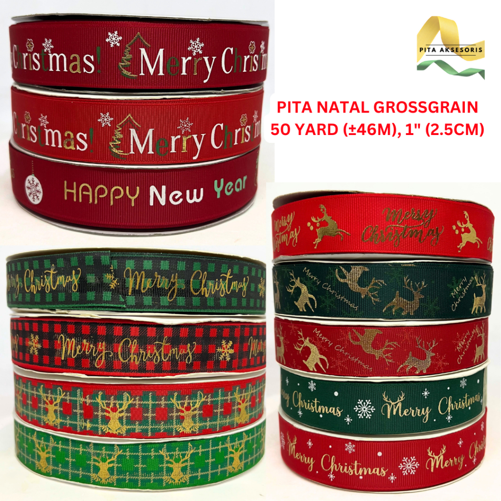 

(1 ROLL 50 YARD) Pita Natal Grossgrain Premium ±2.5cm x 46m Motif Salju Snowflake Rusa Merry Christmas Ornament Pohon Natal Hiasan Xmas Hampers Kue Pita Kado Bouquet Pita Bunga