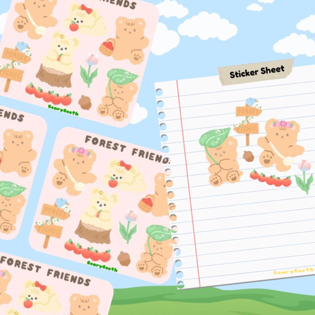 

STICKER SHEET DEKO JURNAL | KISS CUT WATERPROOF | EDISI FOREST FRIENDS | BEARYBOOTH