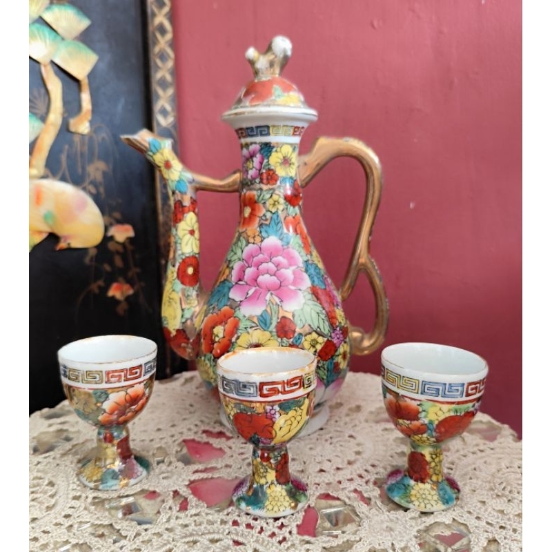 Teaset Teko Ayam kuno flower Family dan 3 Cucing  porselen lawas mulus ada marking T:17cm