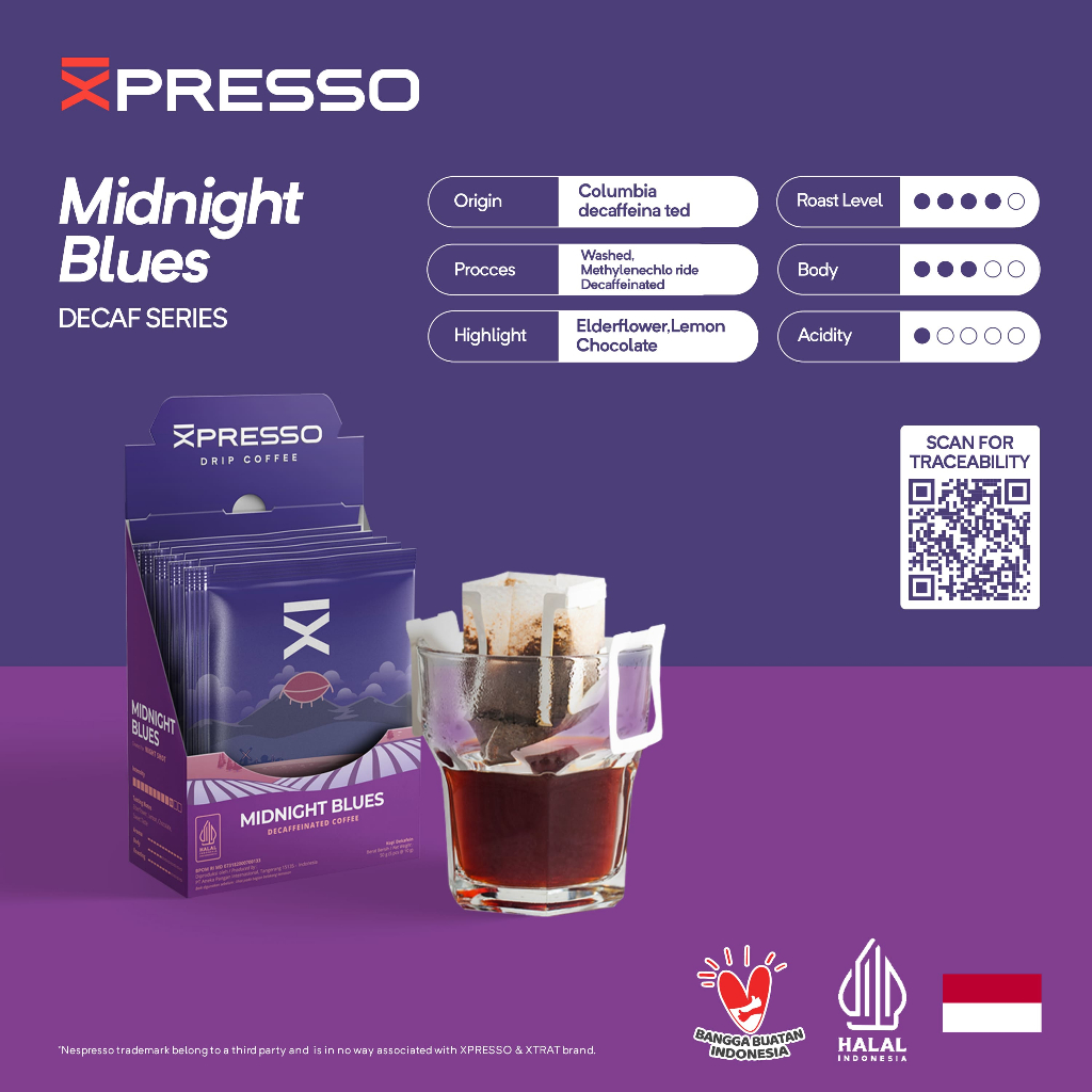 

Drip Bag Coffee Decaf Midnight Blues - Xpresso Kopi Drip Bag 5pcs