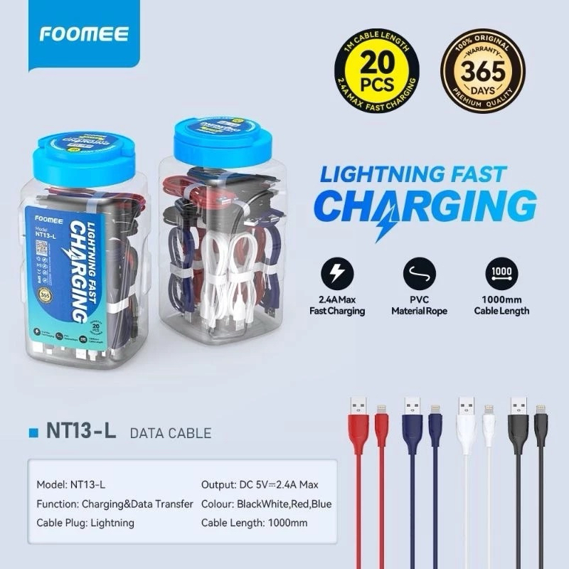 FOOMEE NT13-M/NT13-C/NT13-L(1toples isi 20pcs) DATA MICRO/TYPE-C/LIGHTNING 2.4A 100CM FAST CHARGING