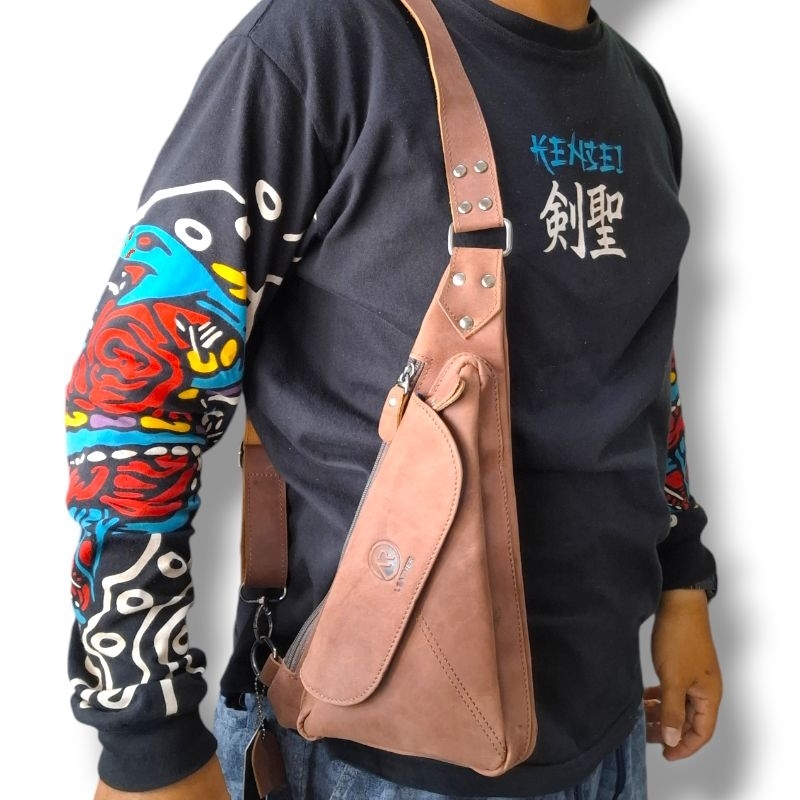 tas pistol pria kulit asli crazy horse Original 100% segi tiga