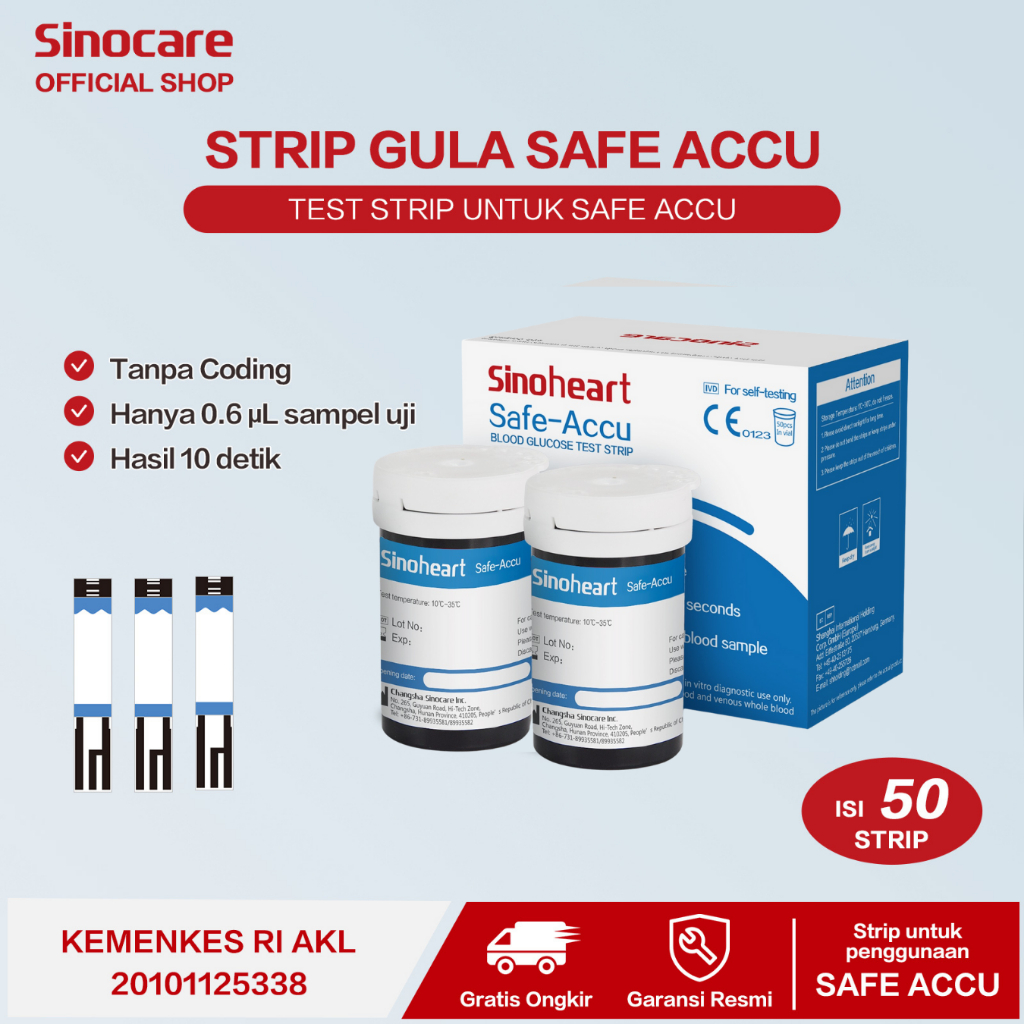 Alat Cek Gula Darah Sinocare Safe Accu Strip Uji Alat Tes Gula Darah (50 Strip) only strip