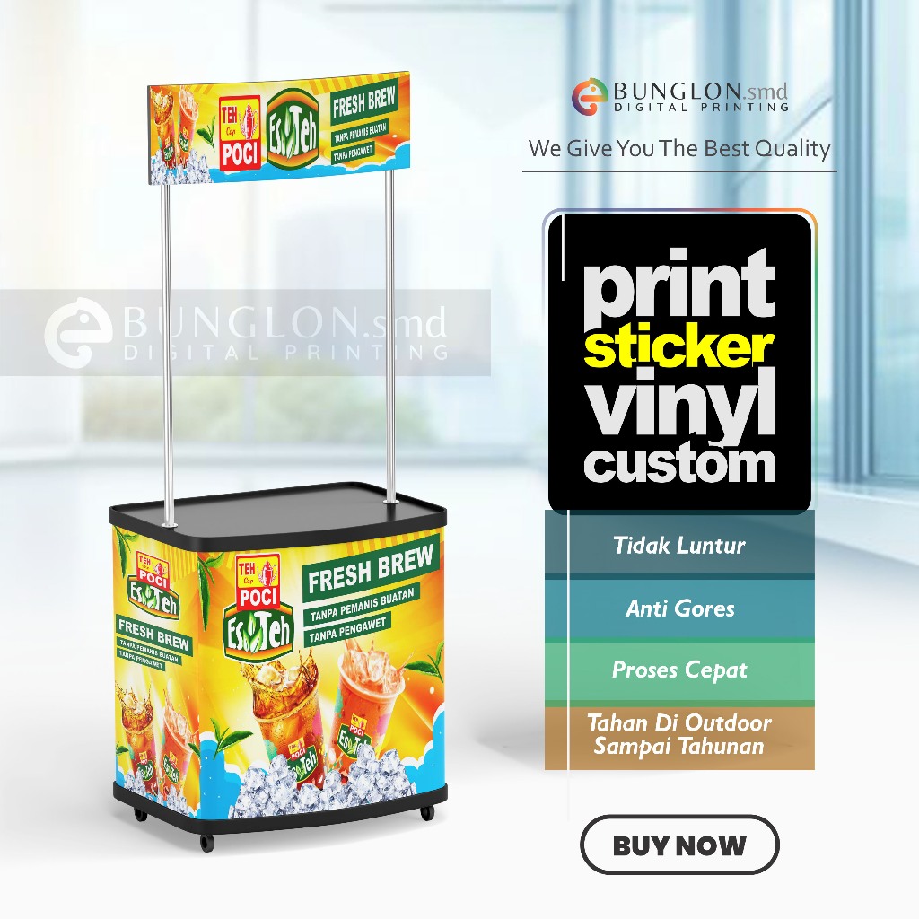 

CETAK STIKER MEJA BOTH ES TEH POCCI FRES BREW MEJA JUALAN EVENT DESK FREE REQUEST DESAIN