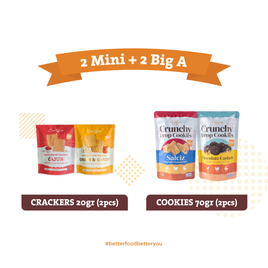 

2 Mini 20 gram + 2 BIG @70gram (Mix Crackers and Cookies) snack sehat / camilan sehat / snack anak / camilan anak / snack vegan / snack gluten free / makanan sehat / snack aman / snack enak / camilan sehat / snack diet / cookies gluten free