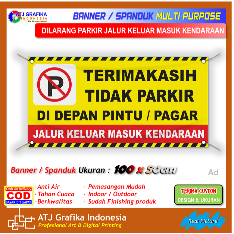 Spanduk banner jalur keluar masuk kendaraan dilarang parkir petunjuk kendaraan rumah toko dll