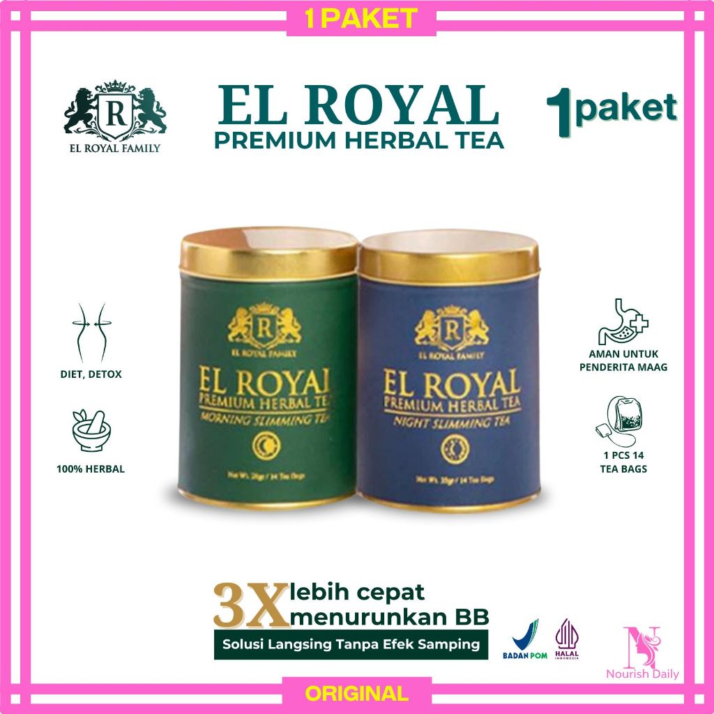 

El Royal Premium Herbal Tea - Morning & Night Slimming Tea - Teh Diet - Teh Celup Herbal 100% Alami