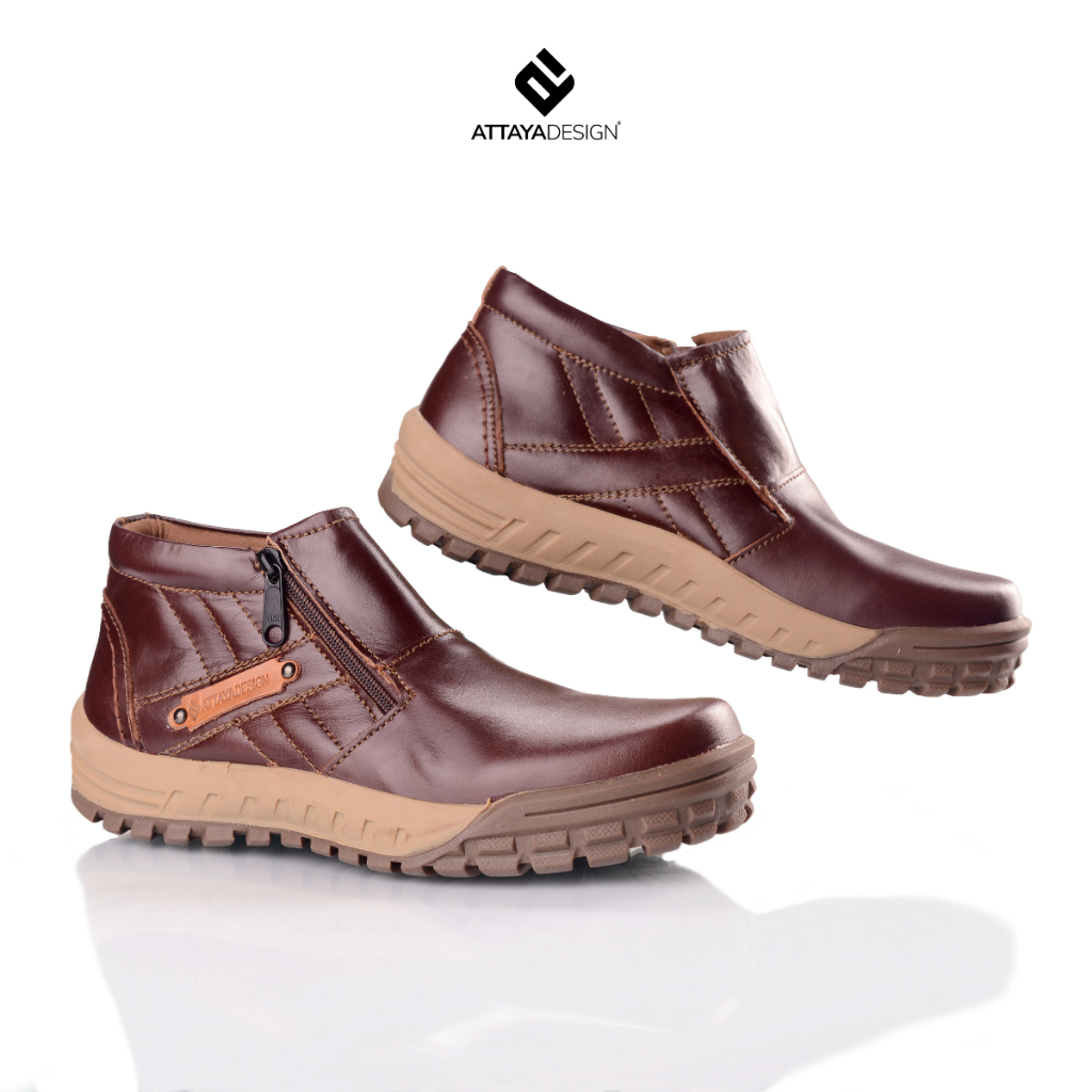 ATTAYA DESIGN Sepatu Boot Fashion Pria Kulit Asli Original Resleting Tanpa Tali Hitam Cokelat ORL6