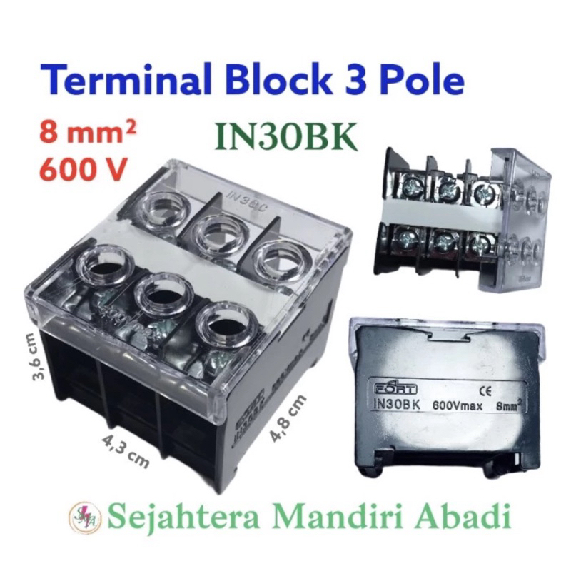Terminal Blok 50 A 3 Pole 8mm Cover IN30BK Sambungan Kabel