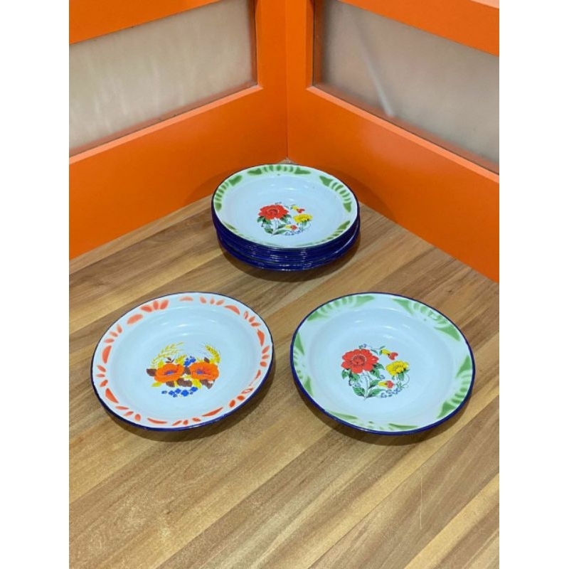 Piring Seng bunga Isi 1Lusin 22cm /Piring Jadul/Piring Angkringan