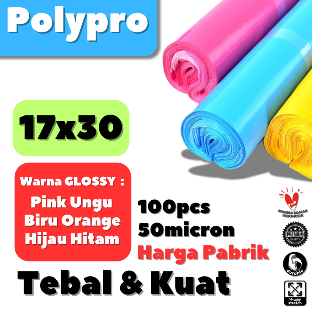 

Plastik Polymailer 17x30 Warna GLOSSY / Plastik Packing Online Premium / 100 Lembar