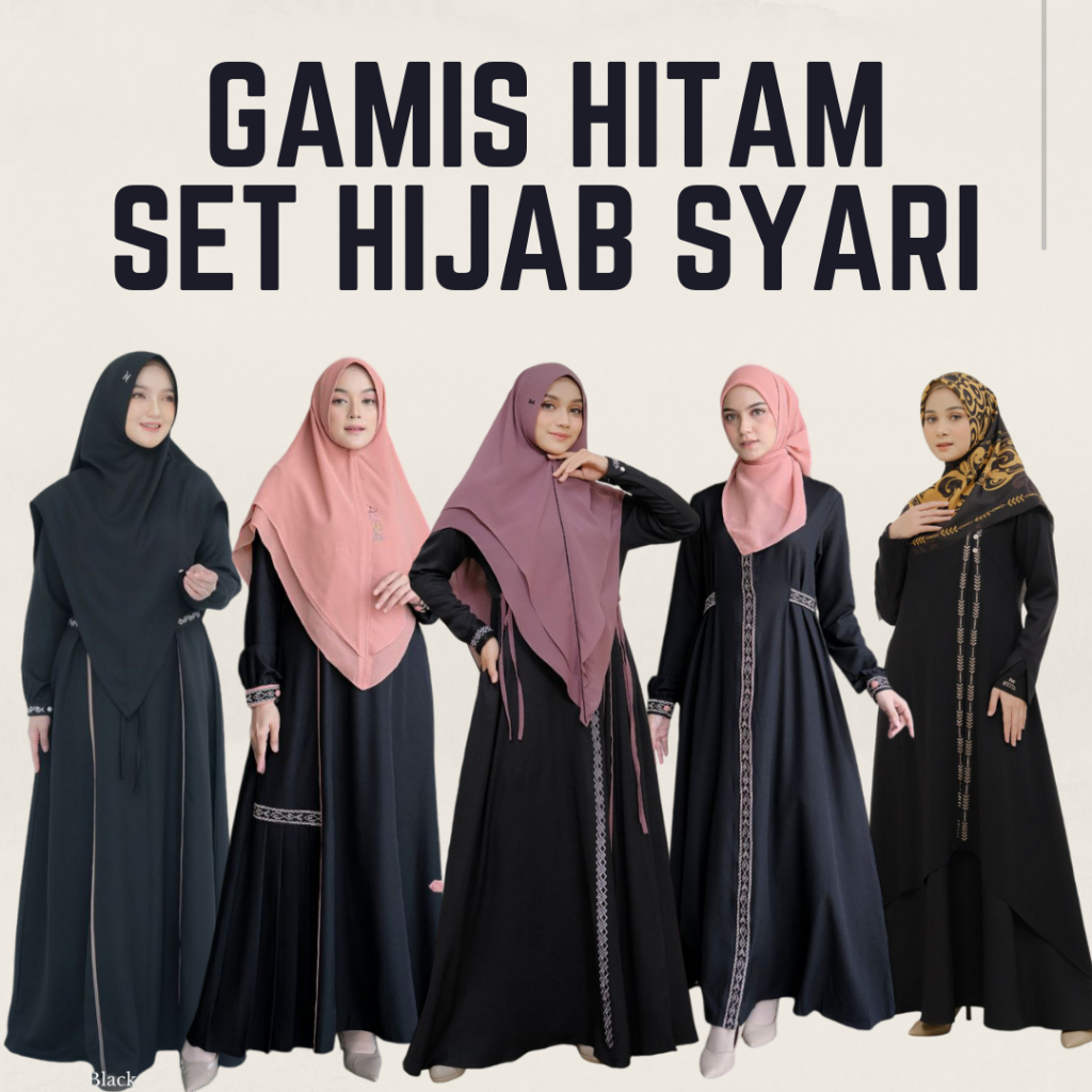 GAMIS WANITA SET HIJAB KONDANGAN HITAM KEKINIAN CASUAL ELEGAN - BUSANA MUSLIM DRESS BLACK SET JILBAB