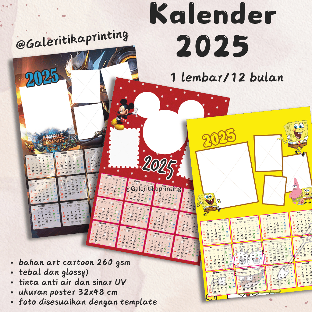 

CETAK KALENDER 2025 MURAH CUSTOM FOTO DAN NAMA BISA REQUEST DITEMPEL DINDING KARAKTER. BISA PAKAI FOTO DAN NAMA KALENDER SUKA SUKA