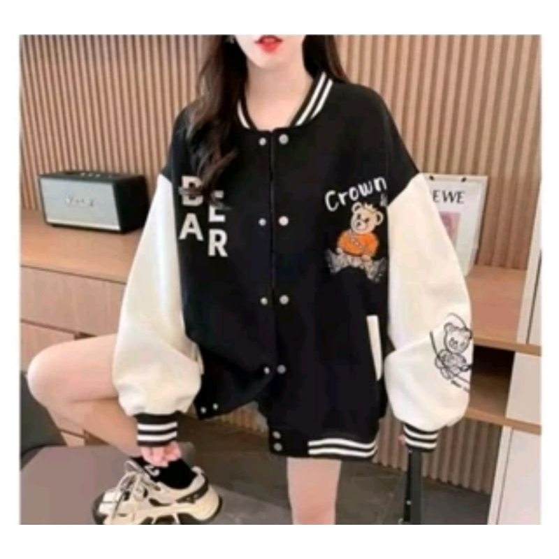 Terbaru Crown Bear Jaket Baseball Varsity Wanita Jaket Varsity Gaya Korea