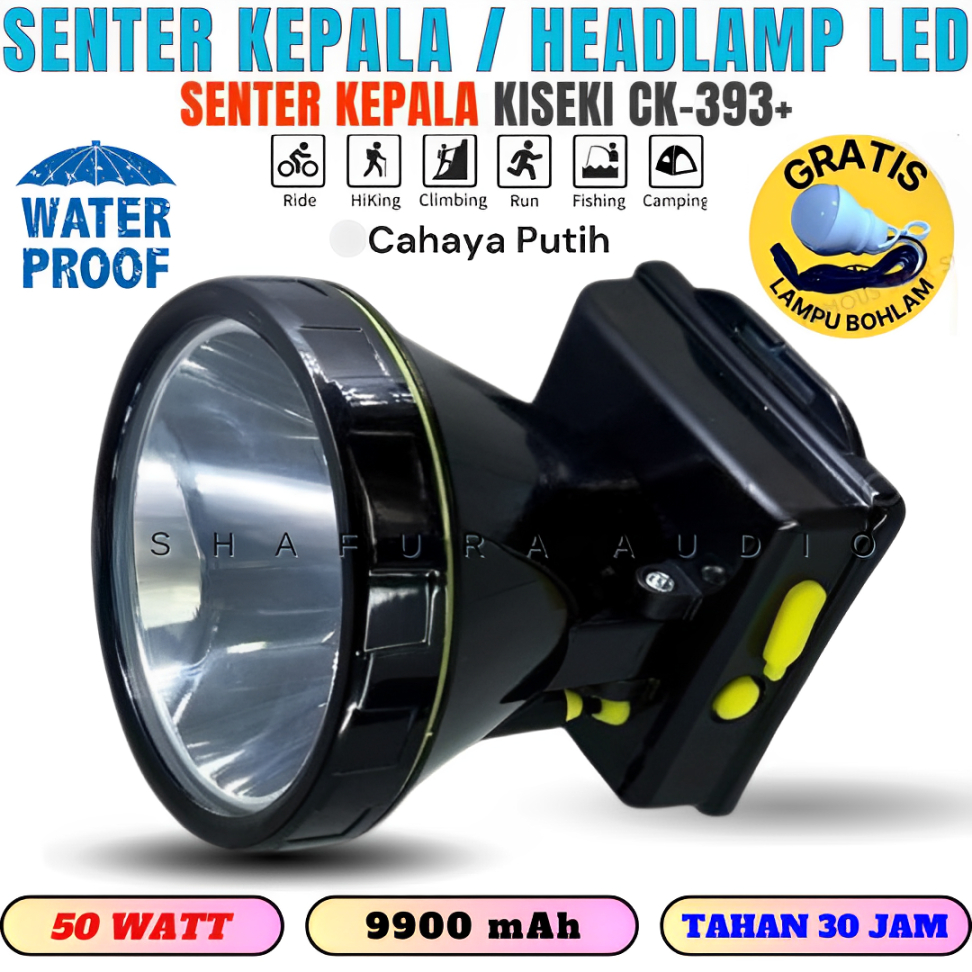 Senter Kepala Kiseki Ck-393+ Bonus Charger + Bonus Lampu | Kiseki Ck-393+ / Ck-N393S 50 Watt Baterai