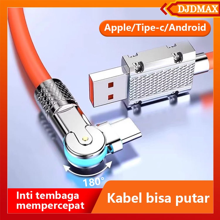 DJDMax Kabel Cas 180° 120W Fast Charging Micro USB Type C untuk iPhone IOS dan Android, Kabel Data U
