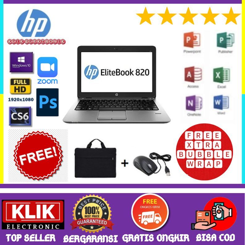 TERMURAH  Laptop HP Elitebook 820 G1 Core i5 Gen 4 / RAM up to 8GB / Win 10 / Bonus Tas dan Mouse