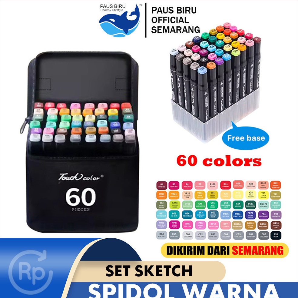 

KODE U23A Paus Biru Spidol Warna Warni 1 Set Sketch Marker 2 Tip Touch Marker 4868 Warna